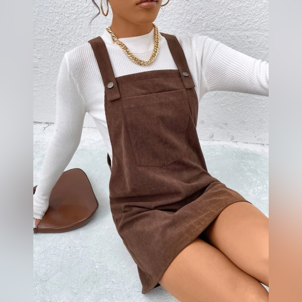 Patched Pocket Corduroy Overall Dress Without Tee